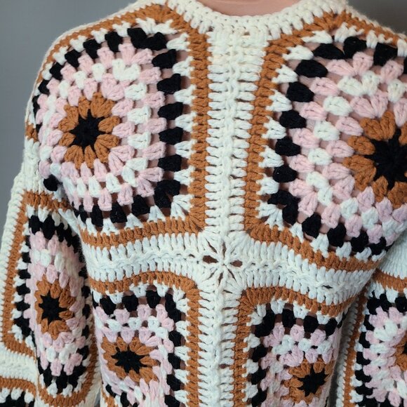 DREAMERS BY DEBUT Crochet Granny Square Cardigan Boho Retro Gypsy Grunge S/M - Picture 7 of 9